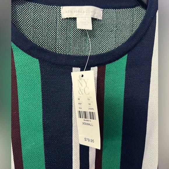 NY&Co Navy, Green, Burgundy & White Striped Midi Sheath Dress - Picture 4 of 5